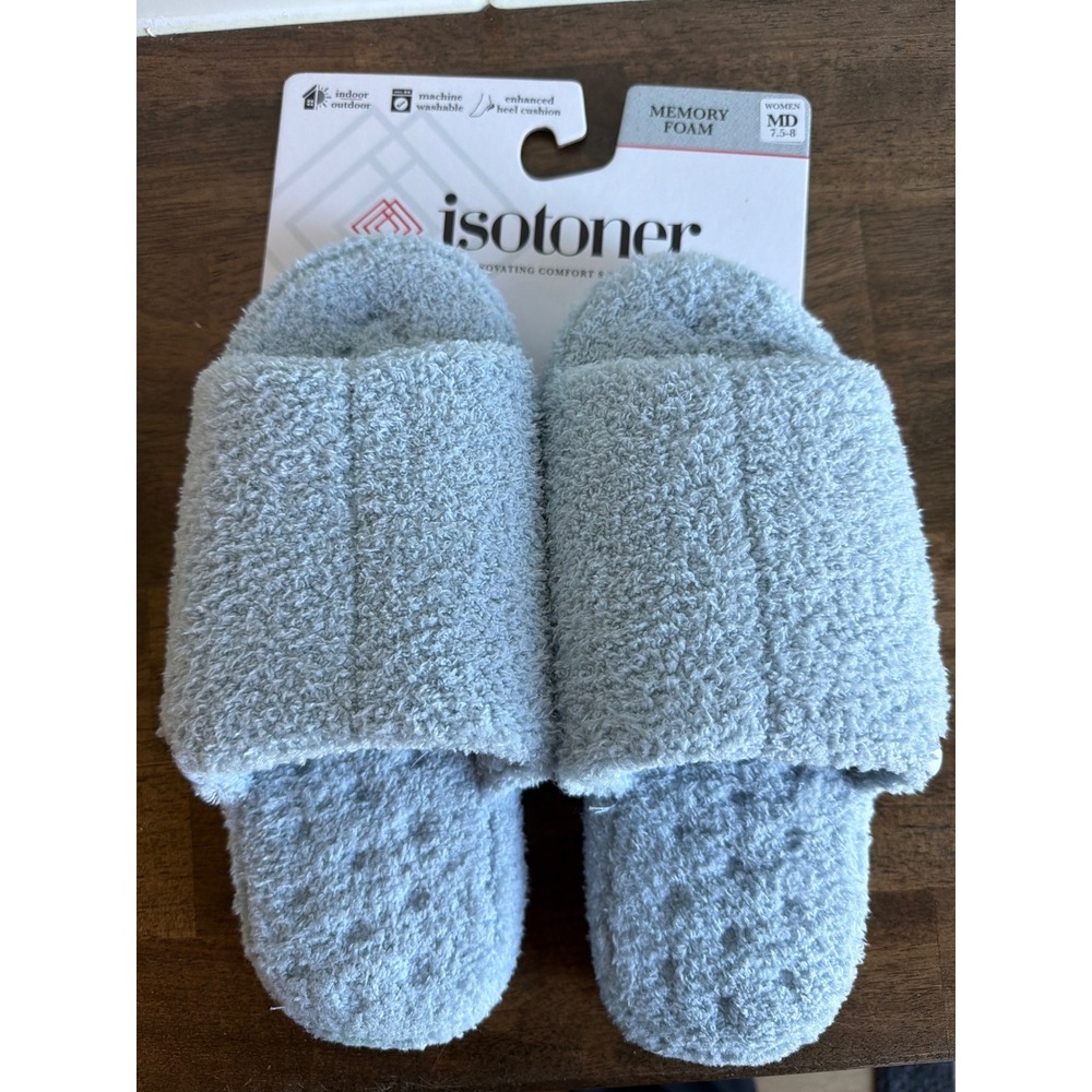 Isotoner Womens Memory Foam Slide Slippers Blue Fog Indoor Outdoor Size MD 7.5-8